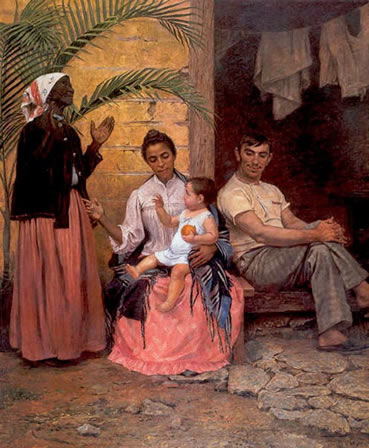 A Redenção de Cam, pintura de Modesto Brosco, premiada com a medalha de ouro no Salão Nacional de Belas Artes de 1895. Ela reflete a esperança das elites brasileiras num futuro branqueamento da população através da miscigenação. A avó negra agradece a Deus. 